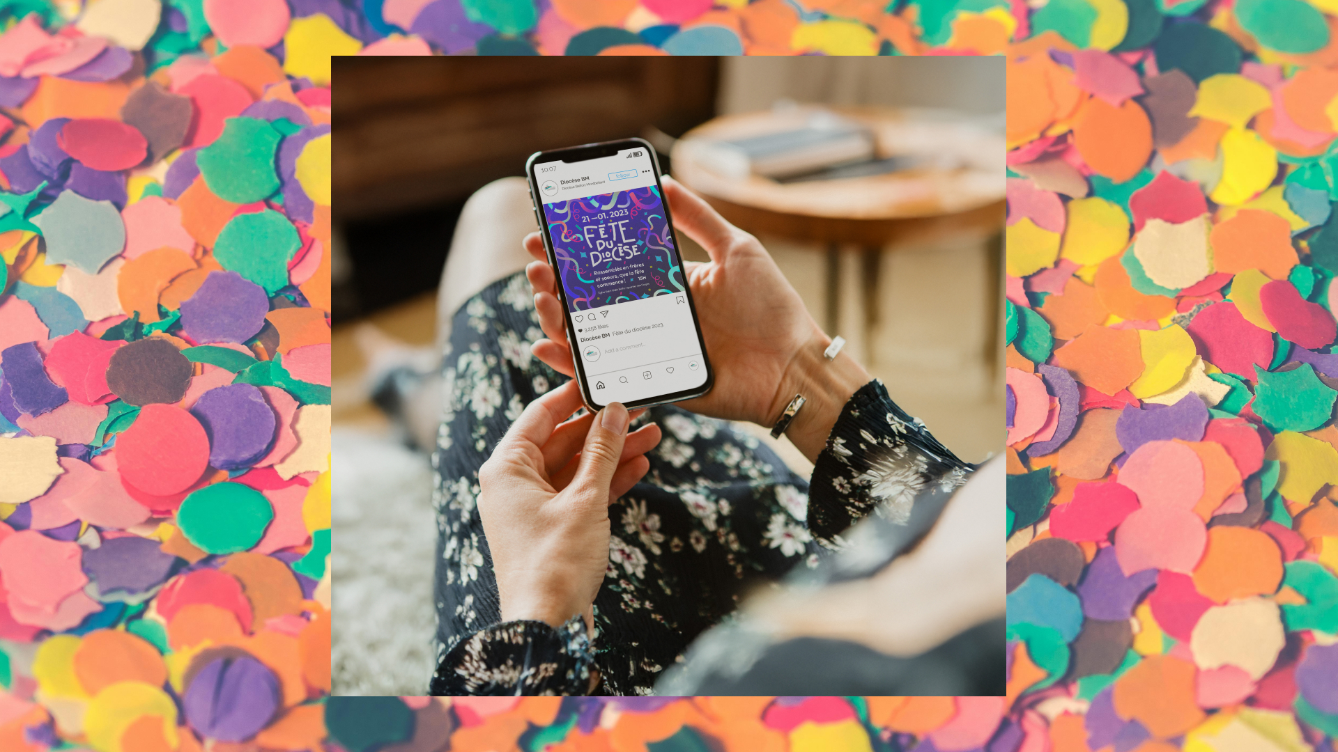 poste insta avec l'identité visuelle sur fond de côtillons