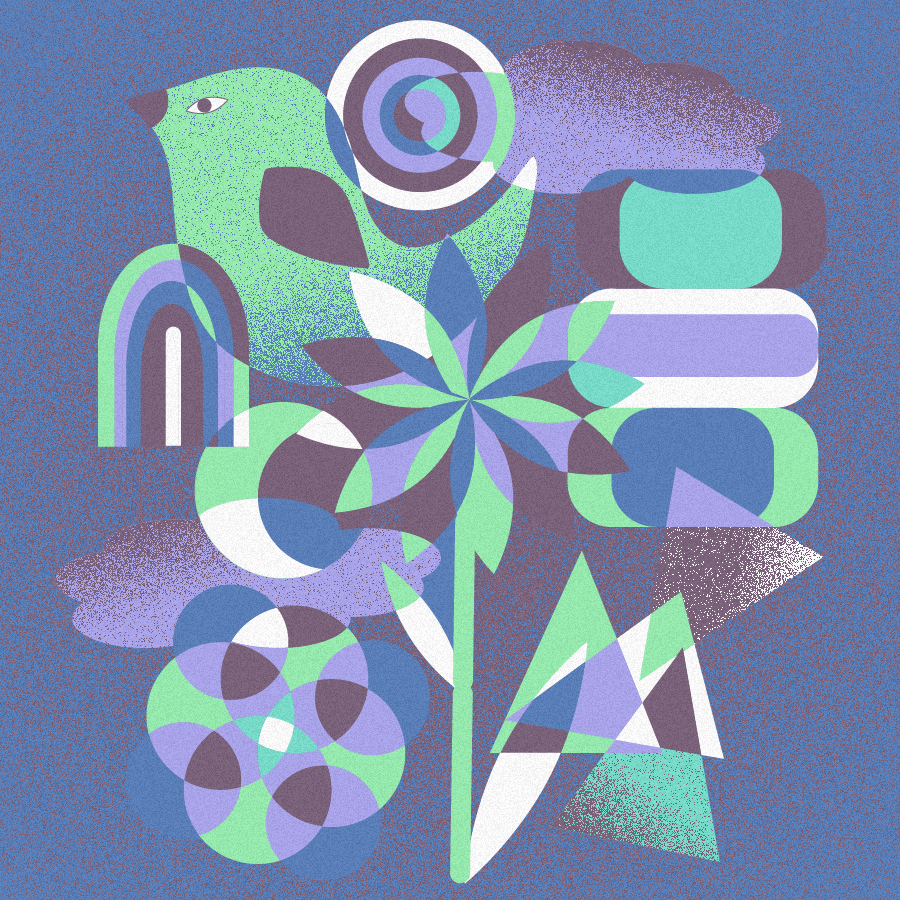 illustration avec un oiseau des nuages une rose des vents