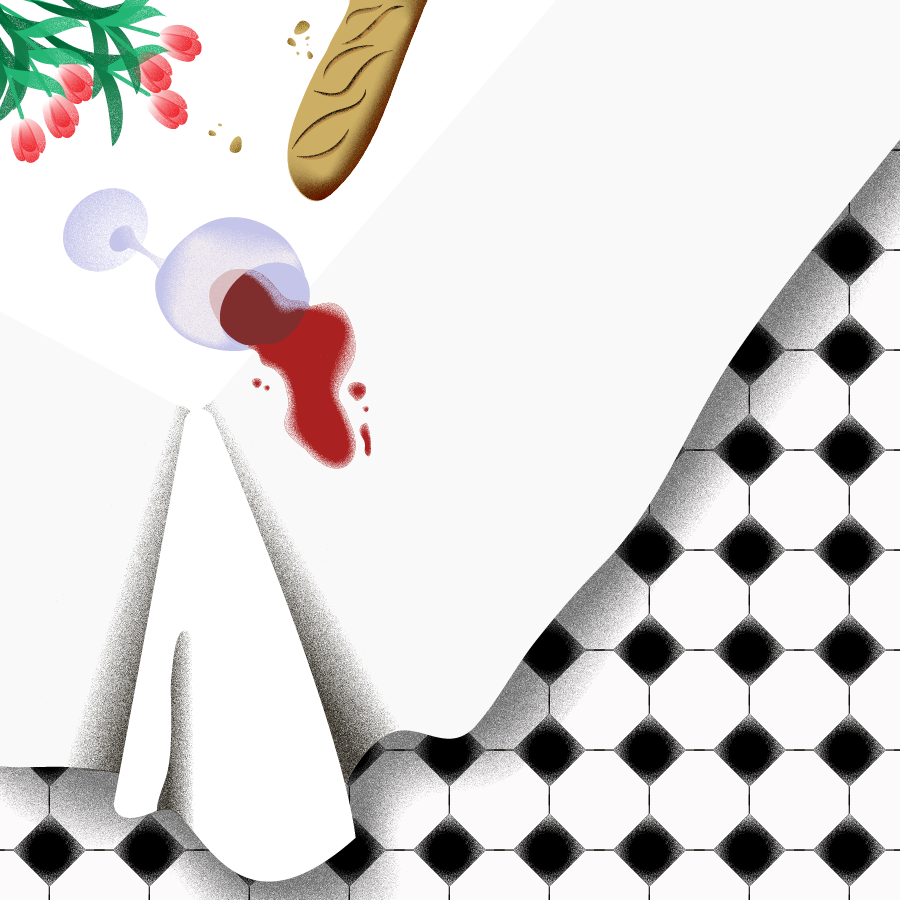 verre de vin renversé et miette de pain suivis d'un bouquet