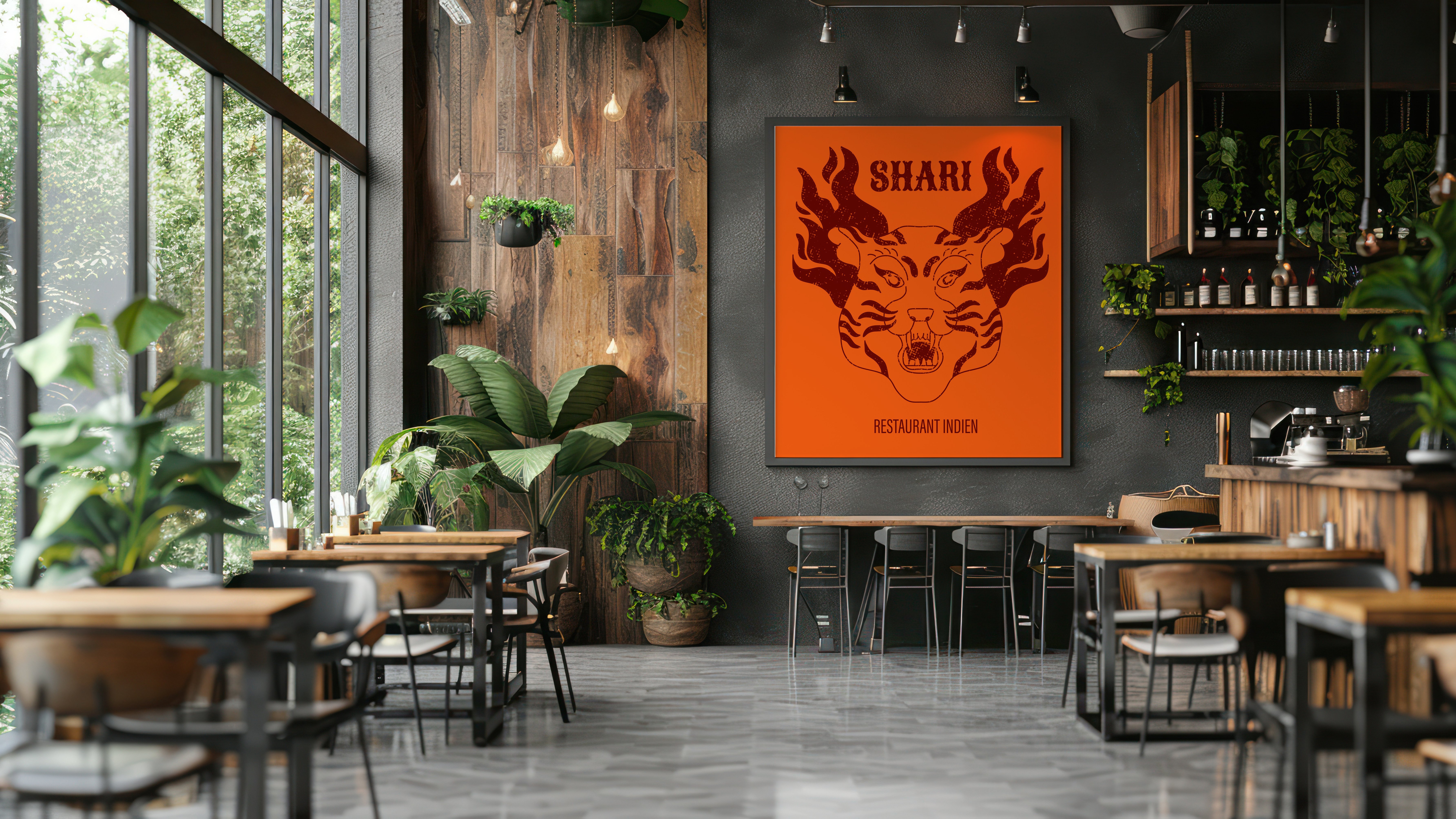 affiche dans la salle de restaurant avec le logo tigre