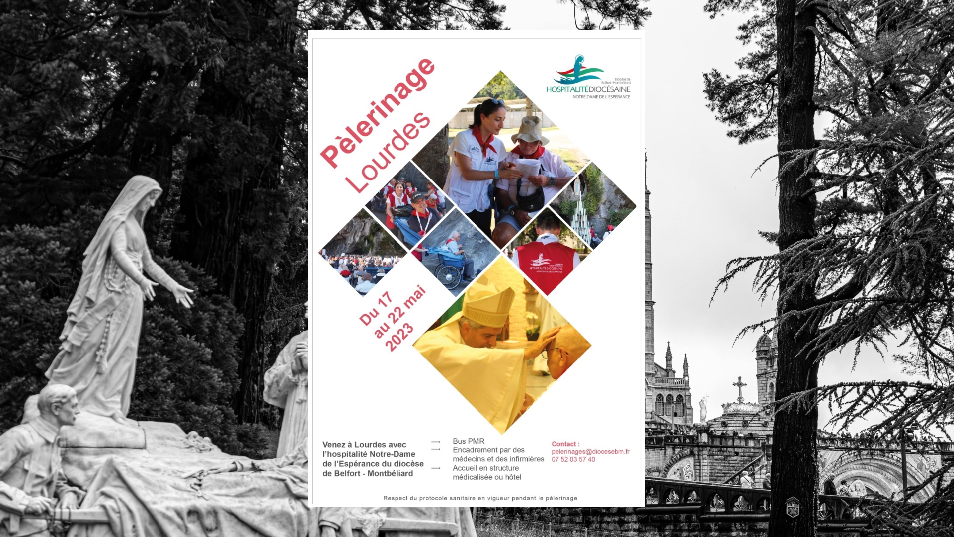 affiche sur fond de paysage de lourdes