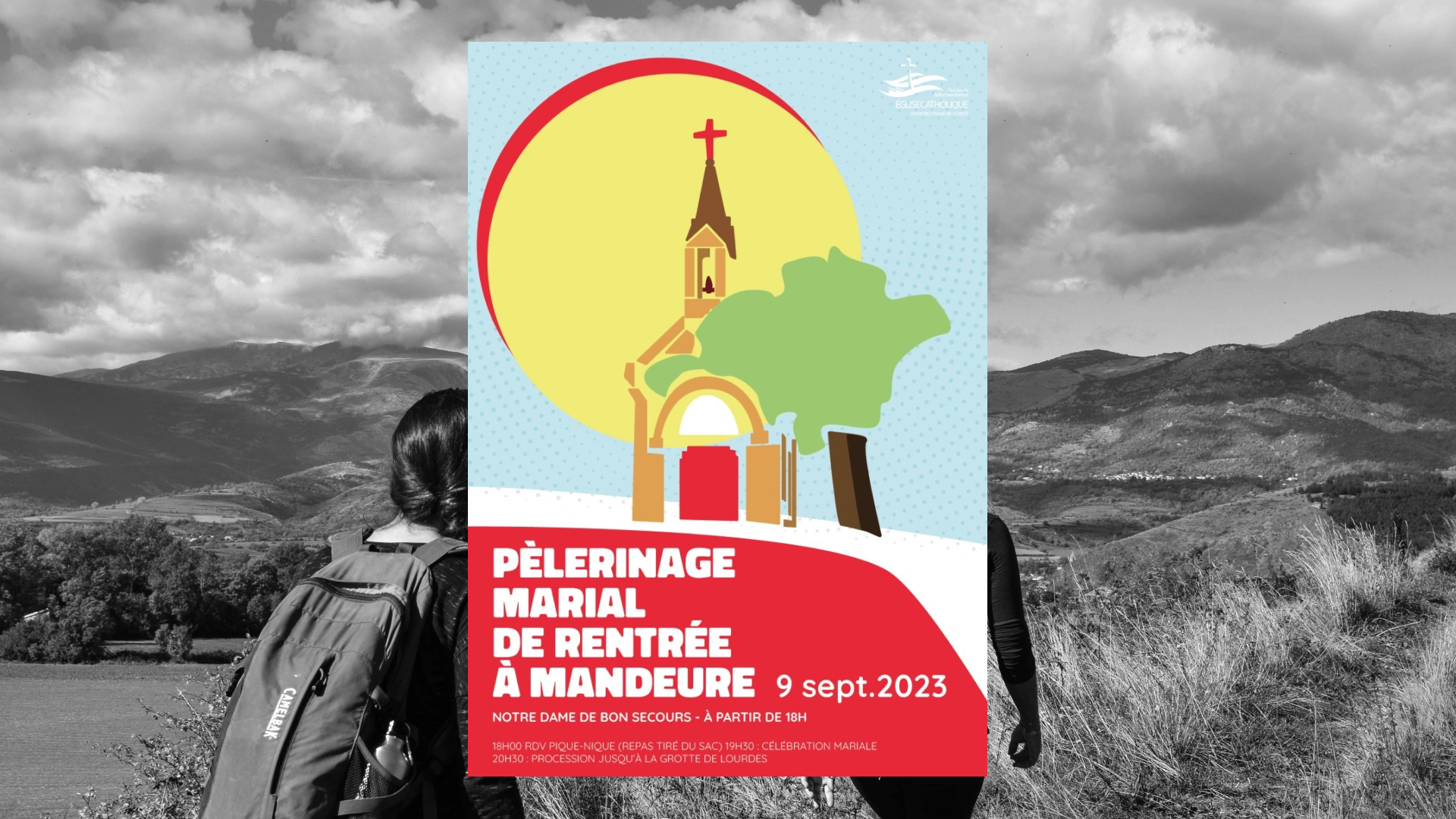 affiche sur un fond photo de randonneurs